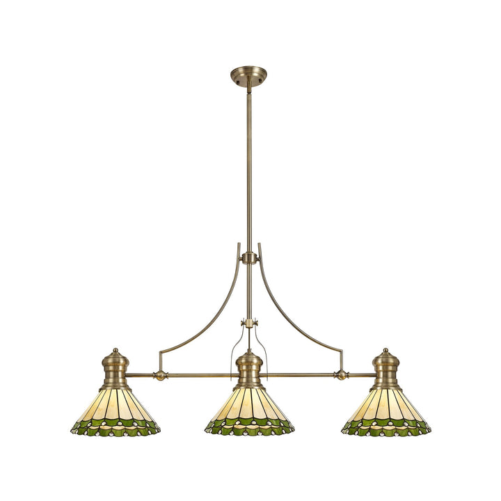 Nelson Lighting NLK04709 Louis/Umbrian 3 Light Telescopic Pendant 30cm Tiffany Shade Antique Brass/Green/Chrome