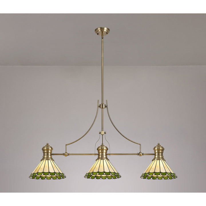 Nelson Lighting NLK04709 Louis/Umbrian 3 Light Telescopic Pendant 30cm Tiffany Shade Antique Brass/Green/Chrome