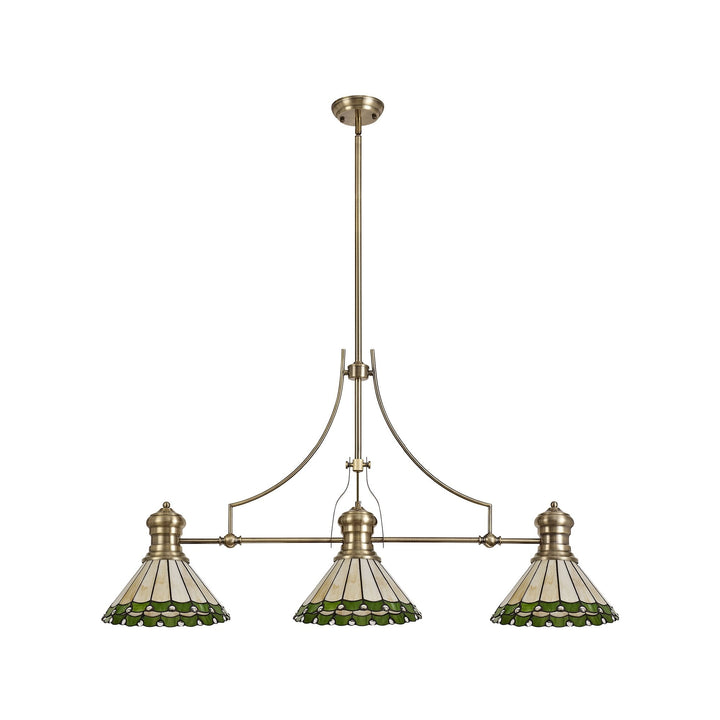 Nelson Lighting NLK04709 Louis/Umbrian 3 Light Telescopic Pendant 30cm Tiffany Shade Antique Brass/Green/Chrome