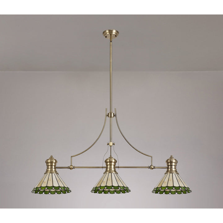 Nelson Lighting NLK04709 Louis/Umbrian 3 Light Telescopic Pendant 30cm Tiffany Shade Antique Brass/Green/Chrome