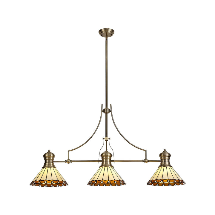 Nelson Lighting NLK04719 Louis/Umbrian 3 Light Telescopic Pendant 30cm Tiffany Shade Antique Brass/Amber/Chrome