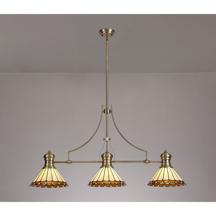Nelson Lighting NLK04719 Louis/Umbrian 3 Light Telescopic Pendant 30cm Tiffany Shade Antique Brass/Amber/Chrome