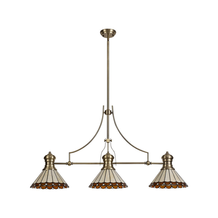 Nelson Lighting NLK04719 Louis/Umbrian 3 Light Telescopic Pendant 30cm Tiffany Shade Antique Brass/Amber/Chrome