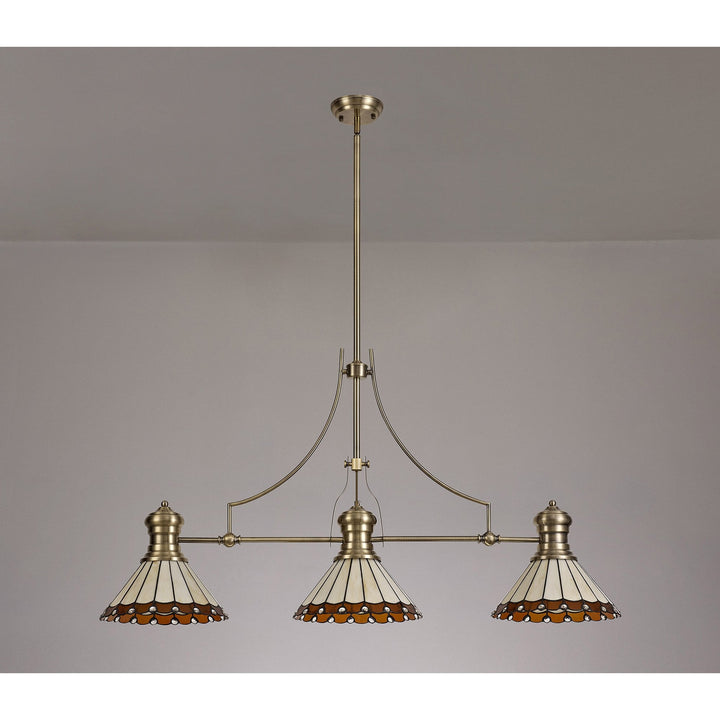 Nelson Lighting NLK04719 Louis/Umbrian 3 Light Telescopic Pendant 30cm Tiffany Shade Antique Brass/Amber/Chrome