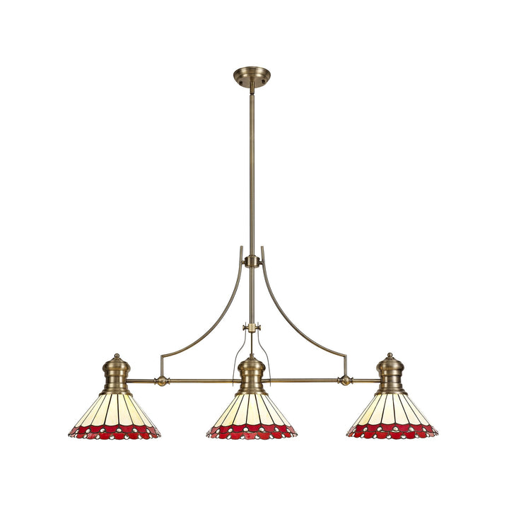 Nelson Lighting NLK04729 Louis/Umbrian 3 Light Telescopic Pendant 30cm Tiffany Shade Antique Brass/Red/Chrome
