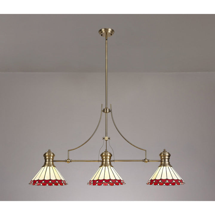 Nelson Lighting NLK04729 Louis/Umbrian 3 Light Telescopic Pendant 30cm Tiffany Shade Antique Brass/Red/Chrome