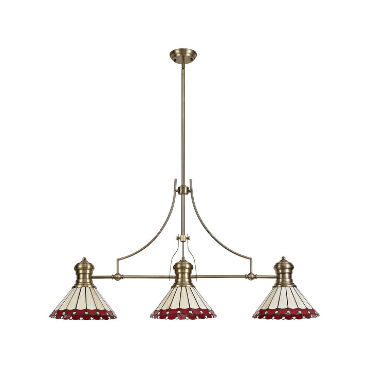 Nelson Lighting NLK04729 Louis/Umbrian 3 Light Telescopic Pendant 30cm Tiffany Shade Antique Brass/Red/Chrome