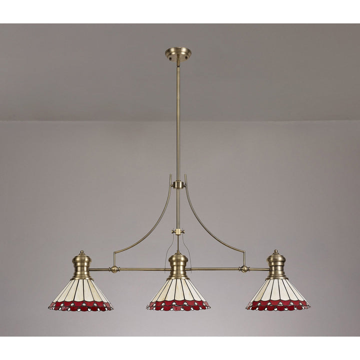 Nelson Lighting NLK04729 Louis/Umbrian 3 Light Telescopic Pendant 30cm Tiffany Shade Antique Brass/Red/Chrome