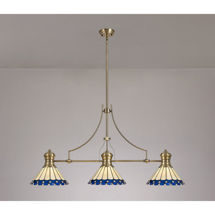 Nelson Lighting NLK04739 Louis/Umbrian 3 Light Telescopic Pendant 30cm Tiffany Shade Antique Brass/Blue/Chrome
