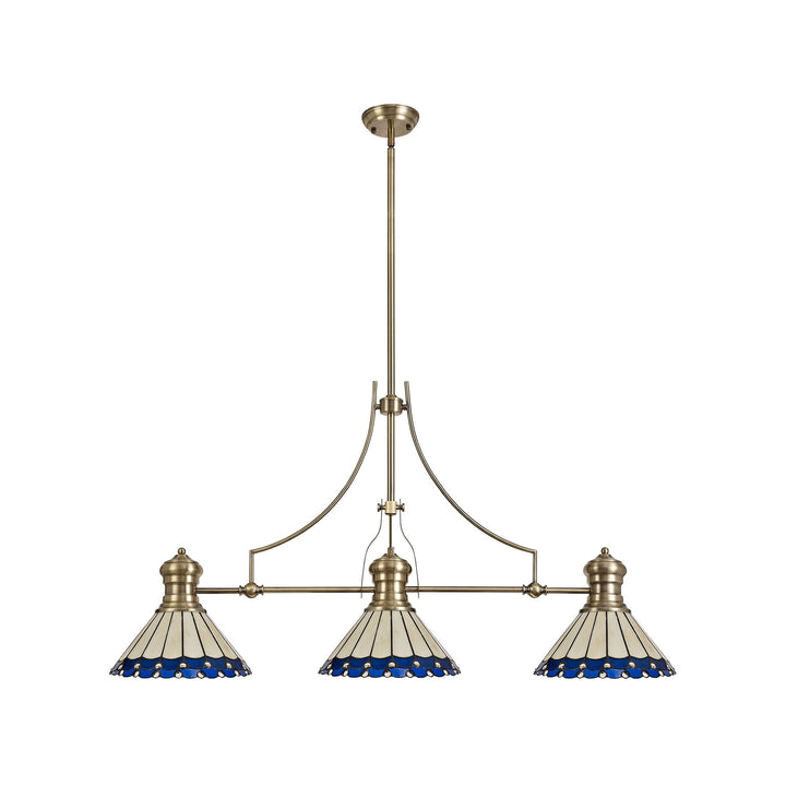 Nelson Lighting NLK04739 Louis/Umbrian 3 Light Telescopic Pendant 30cm Tiffany Shade Antique Brass/Blue/Chrome