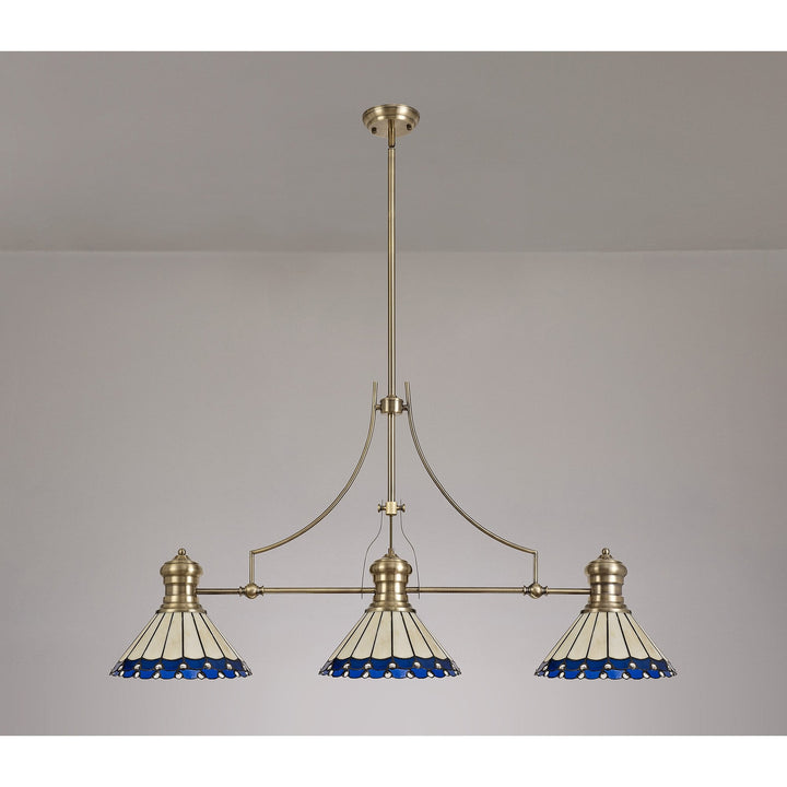 Nelson Lighting NLK04739 Louis/Umbrian 3 Light Telescopic Pendant 30cm Tiffany Shade Antique Brass/Blue/Chrome