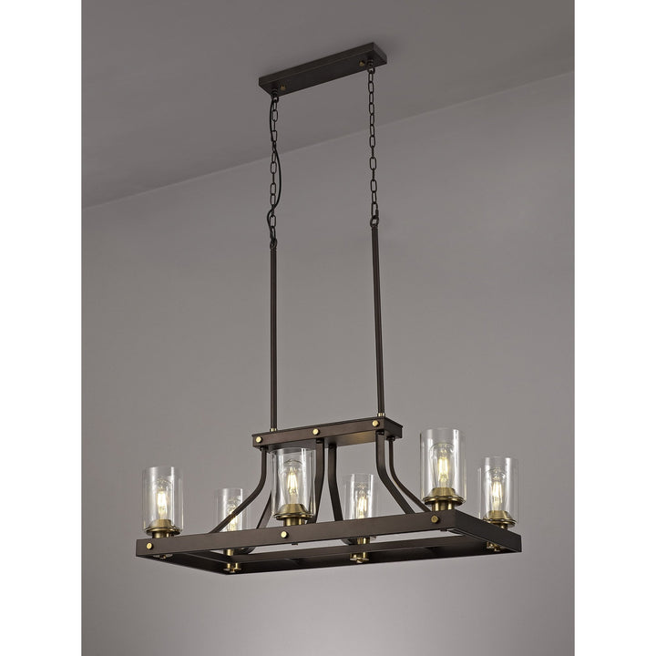 Nelson Lighting NL75539 Malcom Linear Pendant 6 Light Brown Oxide/Bronze With Clear Glass Shades