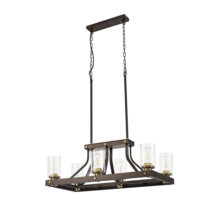 Nelson Lighting NL75539 Malcom Linear Pendant 6 Light Brown Oxide/Bronze With Clear Glass Shades