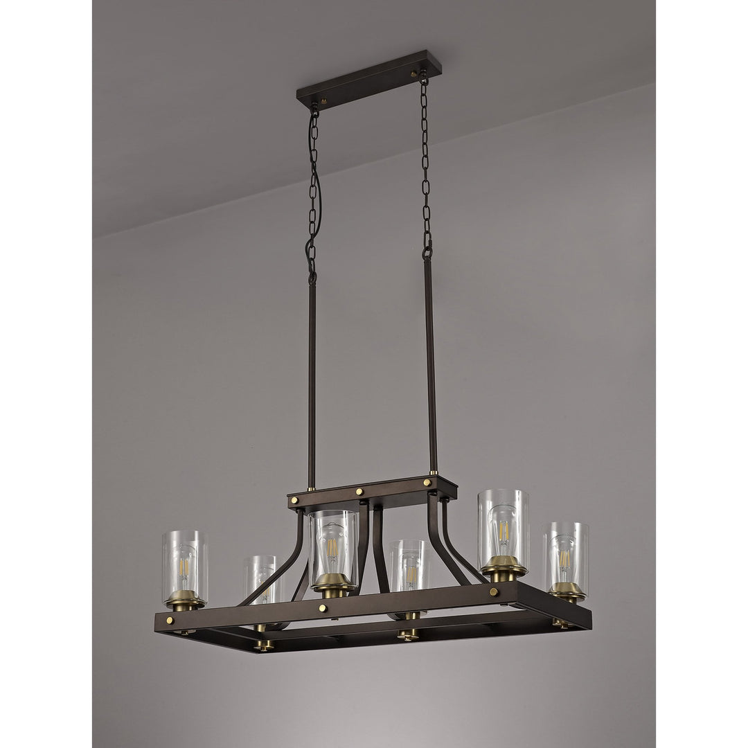 Nelson Lighting NL75539 Malcom Linear Pendant 6 Light Brown Oxide/Bronze With Clear Glass Shades