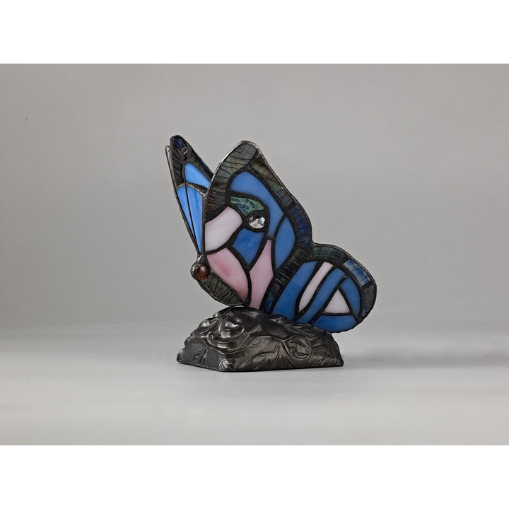 Nelson Lighting NL73009 Monty Tiffany Butterfly Table Lamp 1 Light Black Base Blue/Pink Glass Clear Crystal