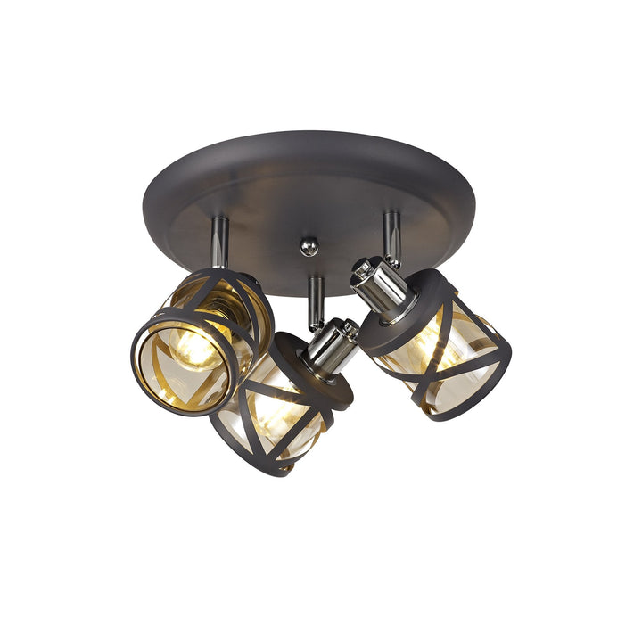 Nelson Lighting NL81129 Nivarna 3 Light Round Spot Light Matt Grey/Polished Chrome/Cognac