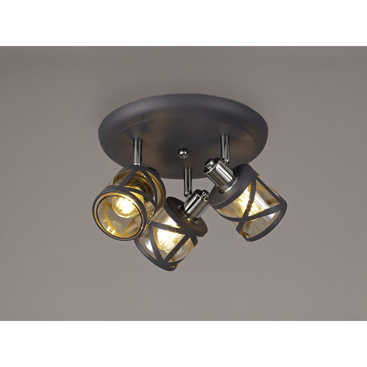 Nelson Lighting NL81129 Nivarna 3 Light Round Spot Light Matt Grey/Polished Chrome/Cognac