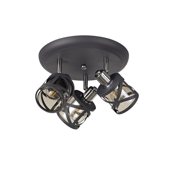 Nelson Lighting NL81129 Nivarna 3 Light Round Spot Light Matt Grey/Polished Chrome/Cognac