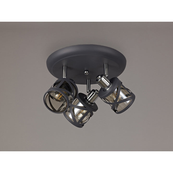 Nelson Lighting NL81129 Nivarna 3 Light Round Spot Light Matt Grey/Polished Chrome/Cognac