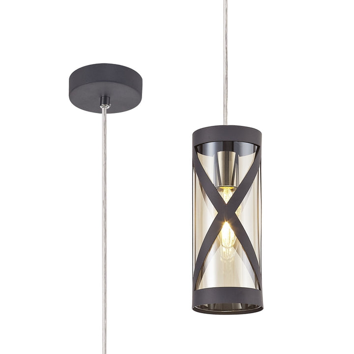 Nelson Lighting NL81149 Nivarna 1 Light Pendant Matt Grey/Polished Chrome/Cognac