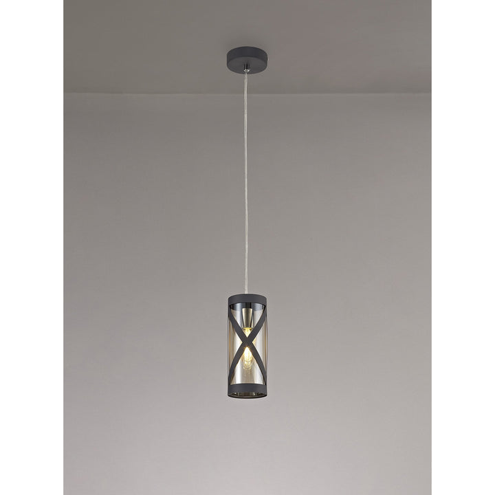 Nelson Lighting NL81149 Nivarna 1 Light Pendant Matt Grey/Polished Chrome/Cognac