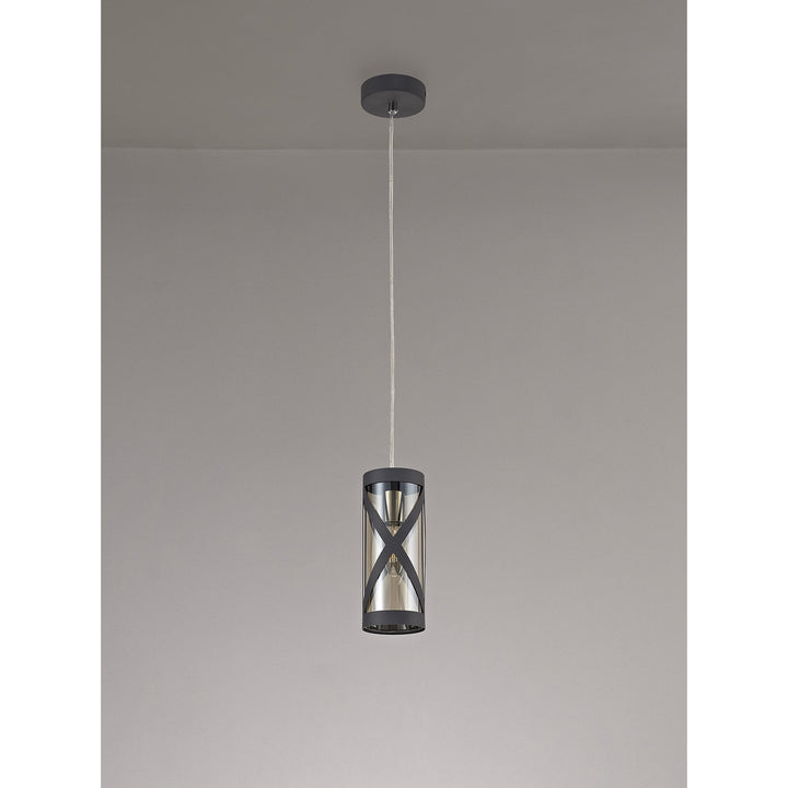 Nelson Lighting NL81149 Nivarna 1 Light Pendant Matt Grey/Polished Chrome/Cognac