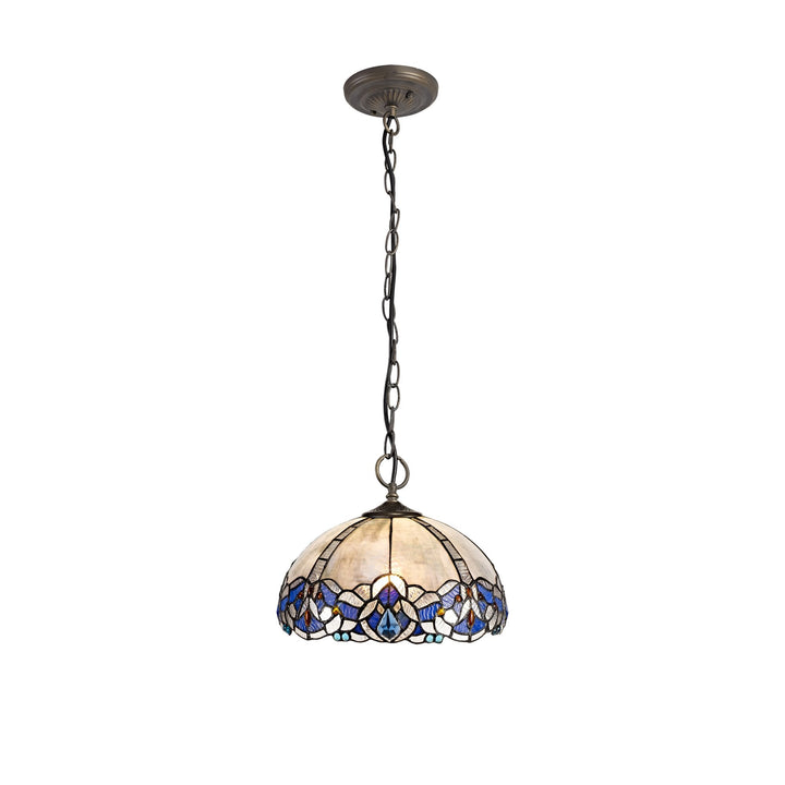 Nelson Lighting NLK01489 Ossie 3 Light Down Light Pendant With 30cm Tiffany Shade Blue/Aged Antique Brass