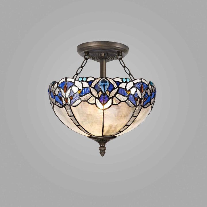 Nelson Lighting NLK01499 Ossie 2 Light Semi Ceiling With 30cm Tiffany Shade Blue/Aged Antique Brass