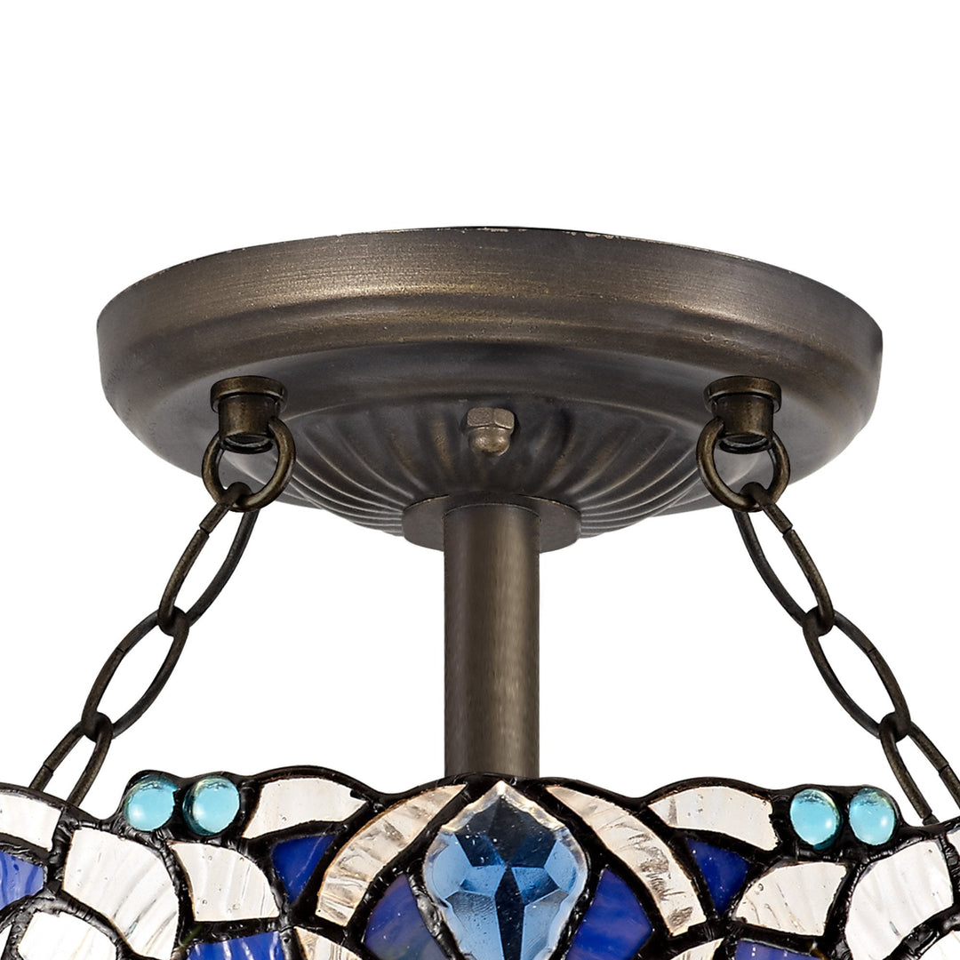 Nelson Lighting NLK01499 Ossie 2 Light Semi Ceiling With 30cm Tiffany Shade Blue/Aged Antique Brass