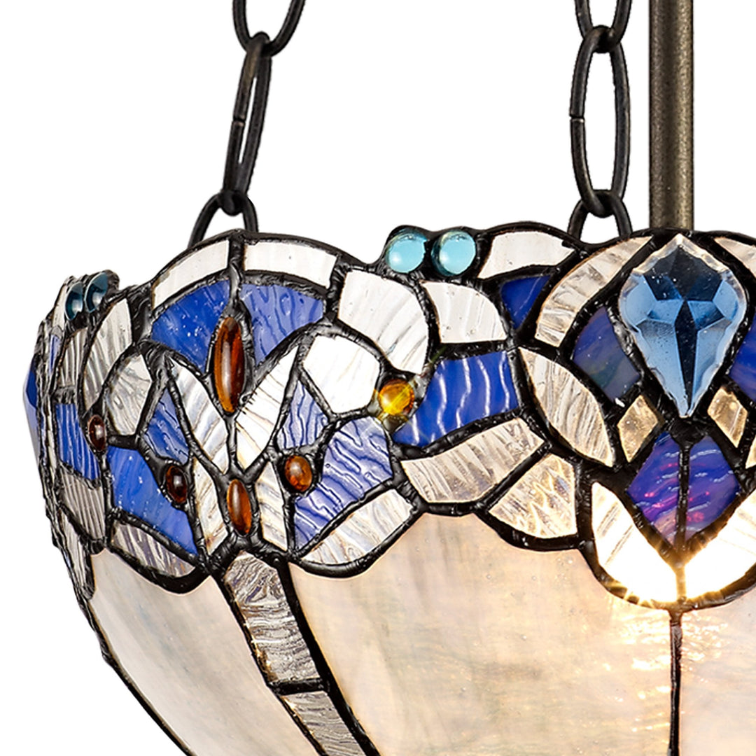 Nelson Lighting NLK01519 Ossie 2 Light Up Lighter Pendant With 30cm Tiffany Shade Blue/Aged Antique Brass