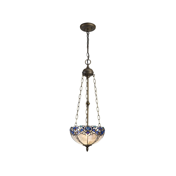 Nelson Lighting NLK01529 Ossie 3 Light Up Lighter Pendant With 30cm Tiffany Shade Blue/Aged Antique Brass