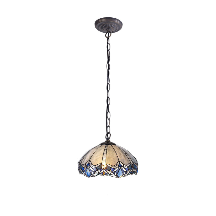 Nelson Lighting NLK01569 Ossie 1 Light Down Light Pendant With 40cm Tiffany Shade Blue/Aged Antique Brass