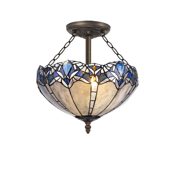 Nelson Lighting NLK01599 Ossie 3 Light Semi Ceiling With 40cm Tiffany Shade Blue/Aged Antique Brass