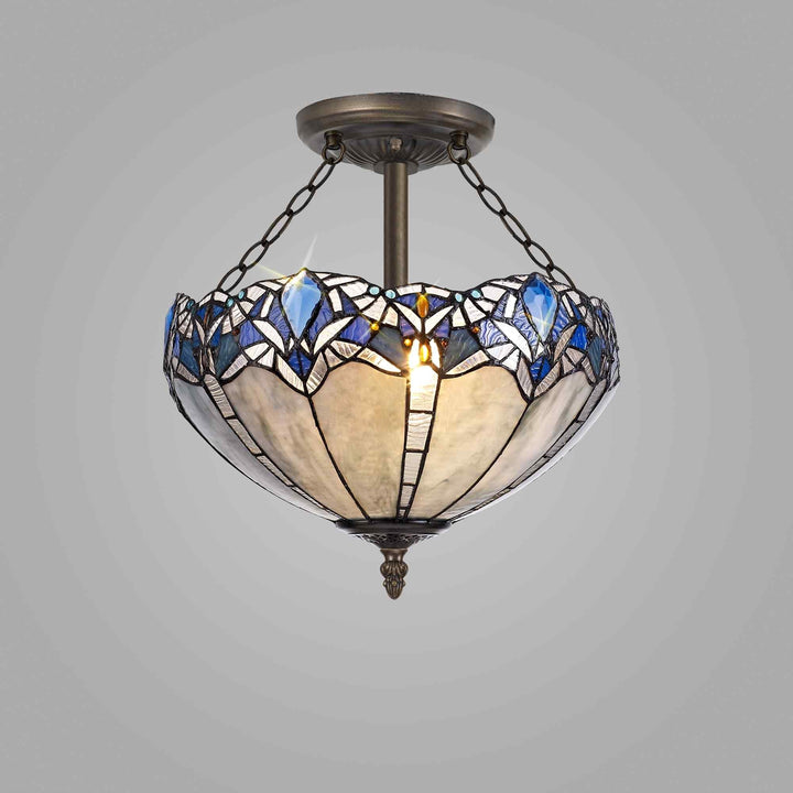 Nelson Lighting NLK01599 Ossie 3 Light Semi Ceiling With 40cm Tiffany Shade Blue/Aged Antique Brass