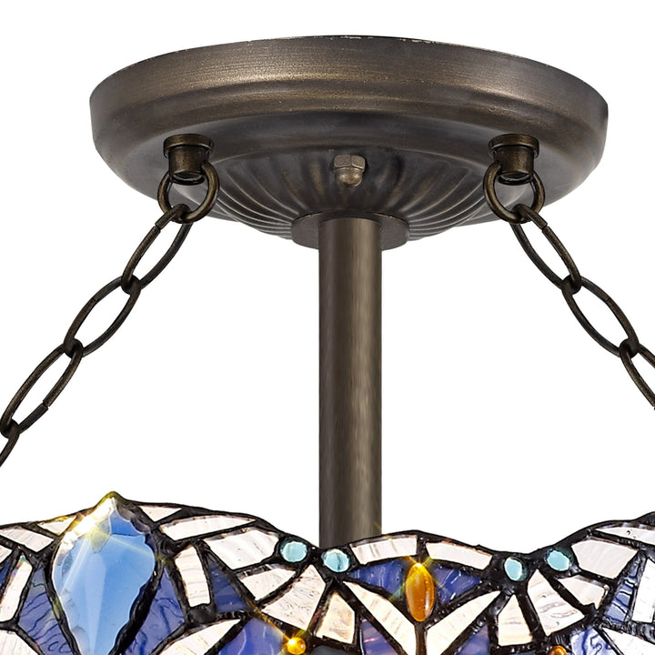 Nelson Lighting NLK01599 Ossie 3 Light Semi Ceiling With 40cm Tiffany Shade Blue/Aged Antique Brass