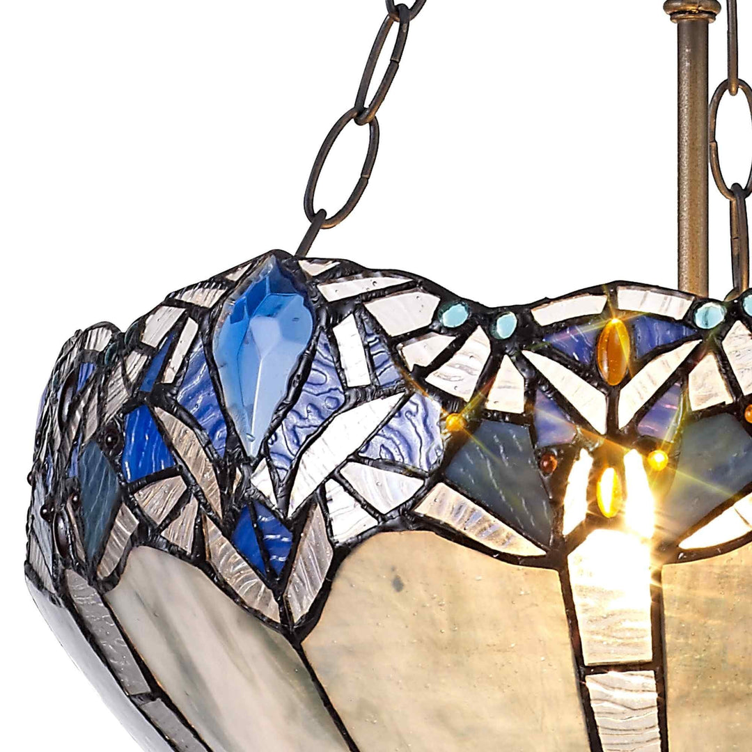 Nelson Lighting NLK01609 Ossie 2 Light Up Lighter Pendant With 40cm Tiffany Shade Blue/Aged Antique Brass