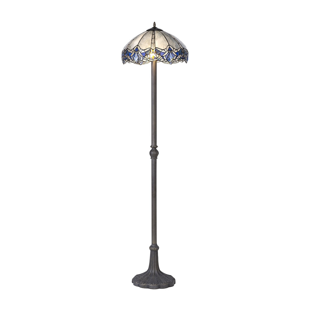 Nelson Lighting NLK01639 Ossie 2 Light Leaf Design Floor Lamp With 40cm Tiffany Shade Blue/Aged Antique Brass