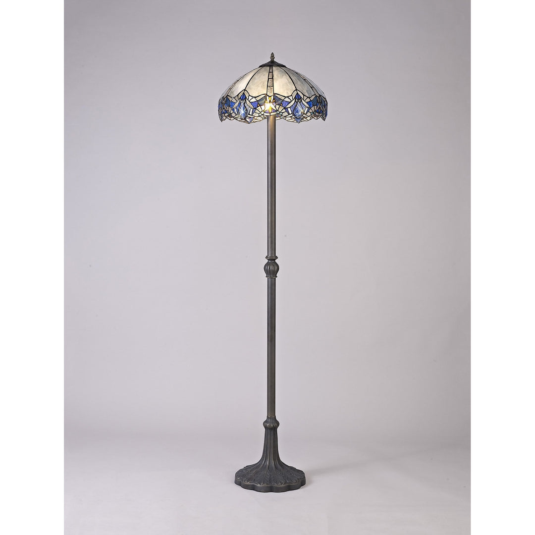 Nelson Lighting NLK01639 Ossie 2 Light Leaf Design Floor Lamp With 40cm Tiffany Shade Blue/Aged Antique Brass