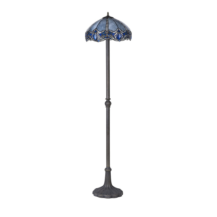 Nelson Lighting NLK01639 Ossie 2 Light Leaf Design Floor Lamp With 40cm Tiffany Shade Blue/Aged Antique Brass