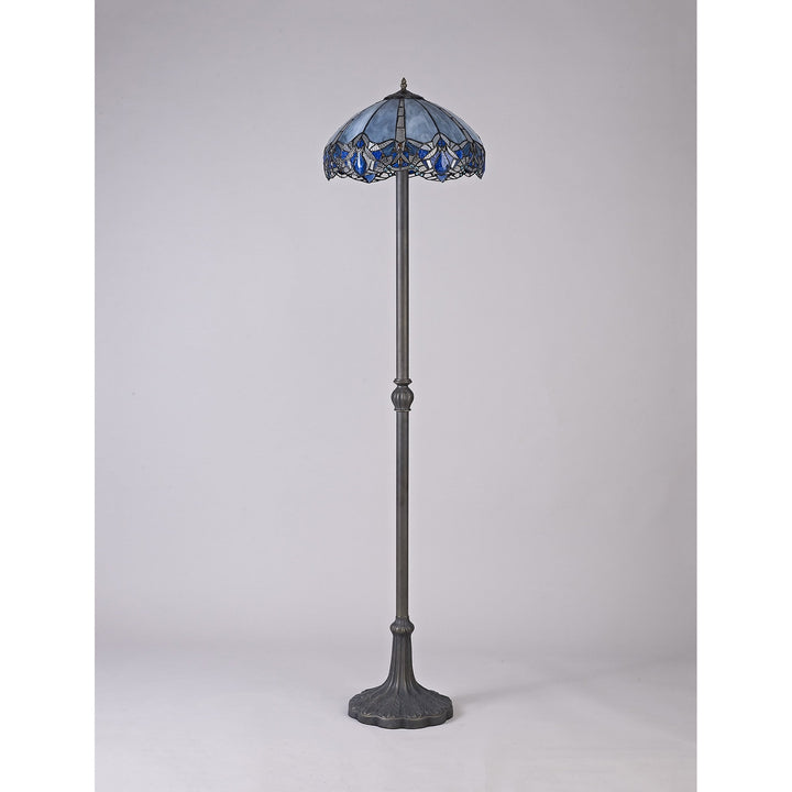 Nelson Lighting NLK01639 Ossie 2 Light Leaf Design Floor Lamp With 40cm Tiffany Shade Blue/Aged Antique Brass
