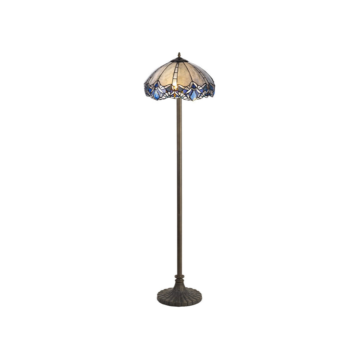 Nelson Lighting NLK01649 Ossie 2 Light Stepped Design Floor Lamp With 40cm Tiffany Shade Blue/Brass