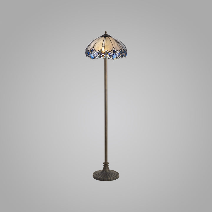 Nelson Lighting NLK01649 Ossie 2 Light Stepped Design Floor Lamp With 40cm Tiffany Shade Blue/Brass