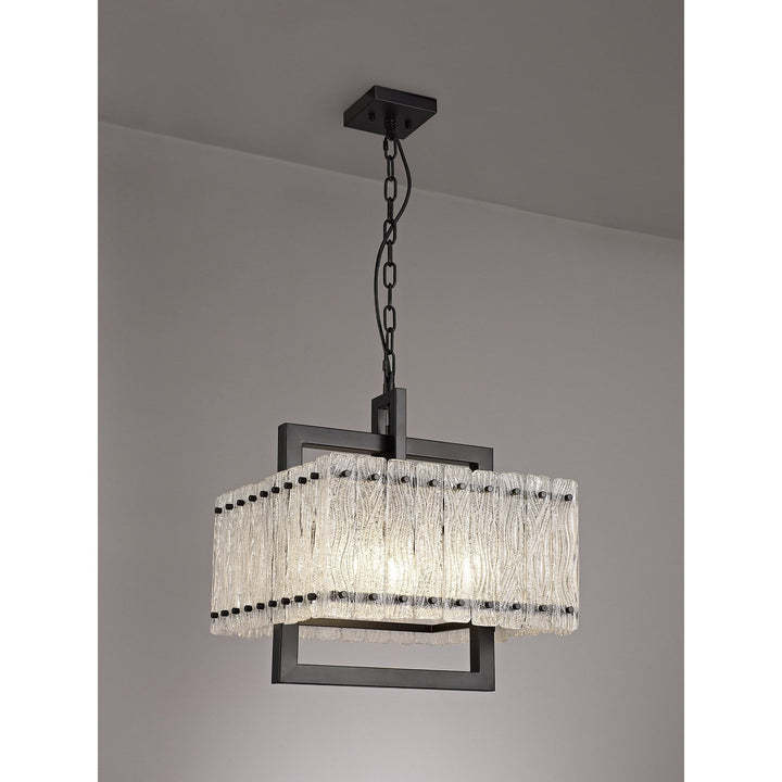 Nelson Lighting NL76849 Sorrel Large Square Pendant 5 Light Matt Black/Crystal Sand Glass