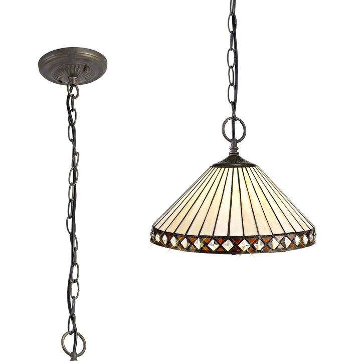 Nelson Lighting NLK02219 Tink 2 Light Down Lighter Pendant With 30cm Tiffany Shade Amber/Chrome/Antique Brass