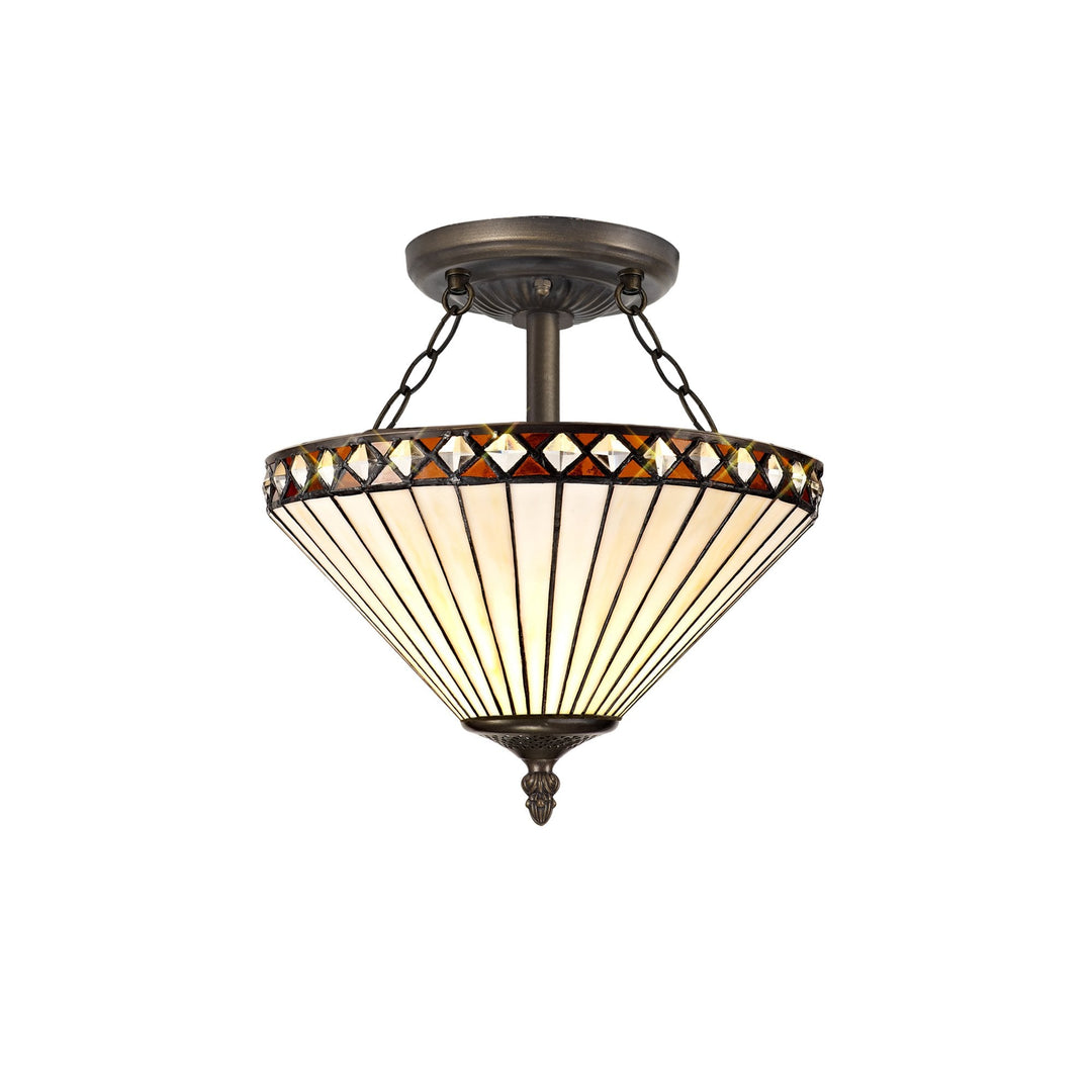 Nelson Lighting NLK02239 Tink 2 Light Semi Ceiling With 30cm Tiffany Shade Amber/Chrome/Antique Brass