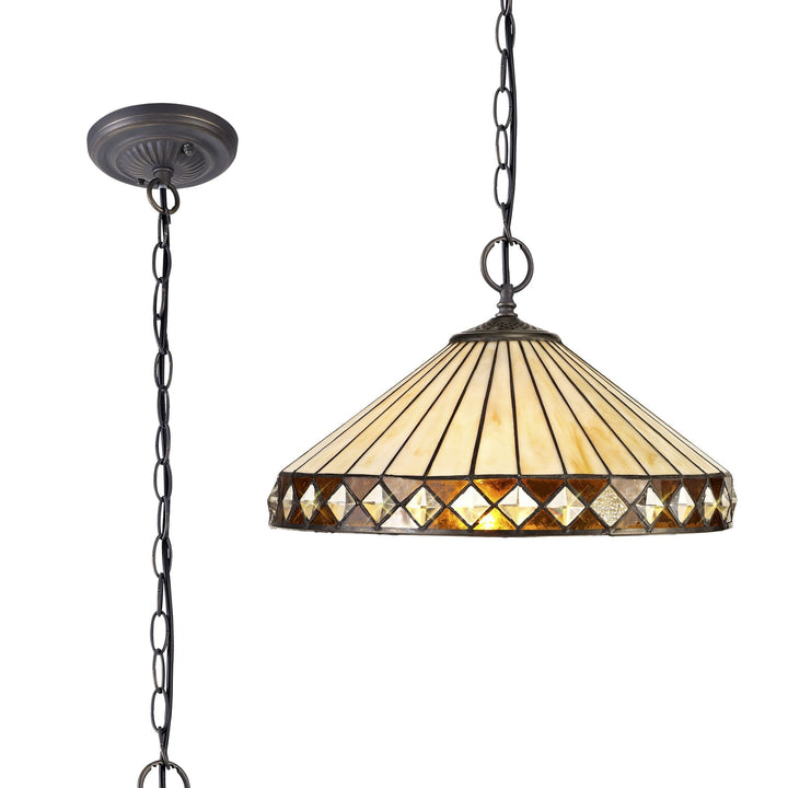 Nelson Lighting NLK02319 Tink 2 Light Down Lighter Pendant With 40cm Tiffany Shade Amber/Chrome/Antique Brass