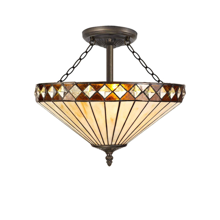 Nelson Lighting NLK02339 Tink 3 Light Semi Ceiling With 40cm Tiffany Shade Amber/Chrome/Antique Brass