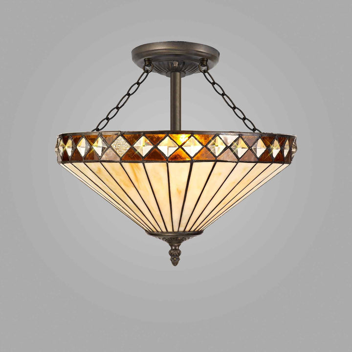 Nelson Lighting NLK02339 Tink 3 Light Semi Ceiling With 40cm Tiffany Shade Amber/Chrome/Antique Brass