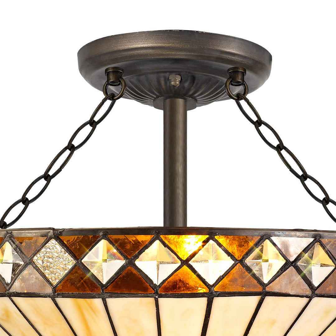 Nelson Lighting NLK02339 Tink 3 Light Semi Ceiling With 40cm Tiffany Shade Amber/Chrome/Antique Brass