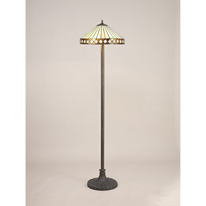 Nelson Lighting NLK02379 Tink 2 Light Stepped Design Floor Lamp With 40cm Tiffany Shade Amber/Chrome/Brass